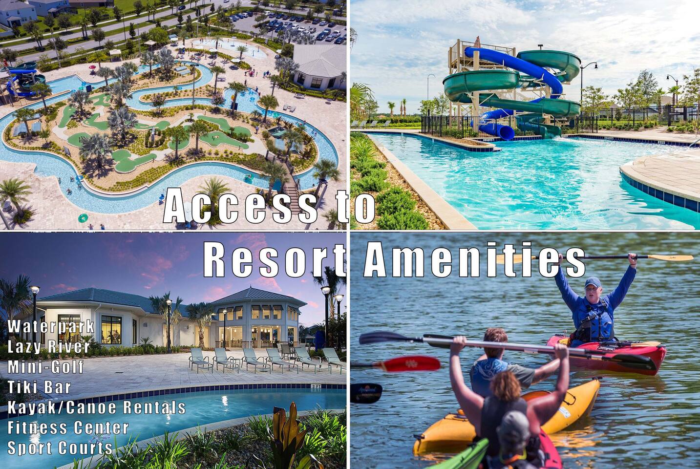 Storey Lake Resort amenities: waterpark, lazy river, slides, and kayaks